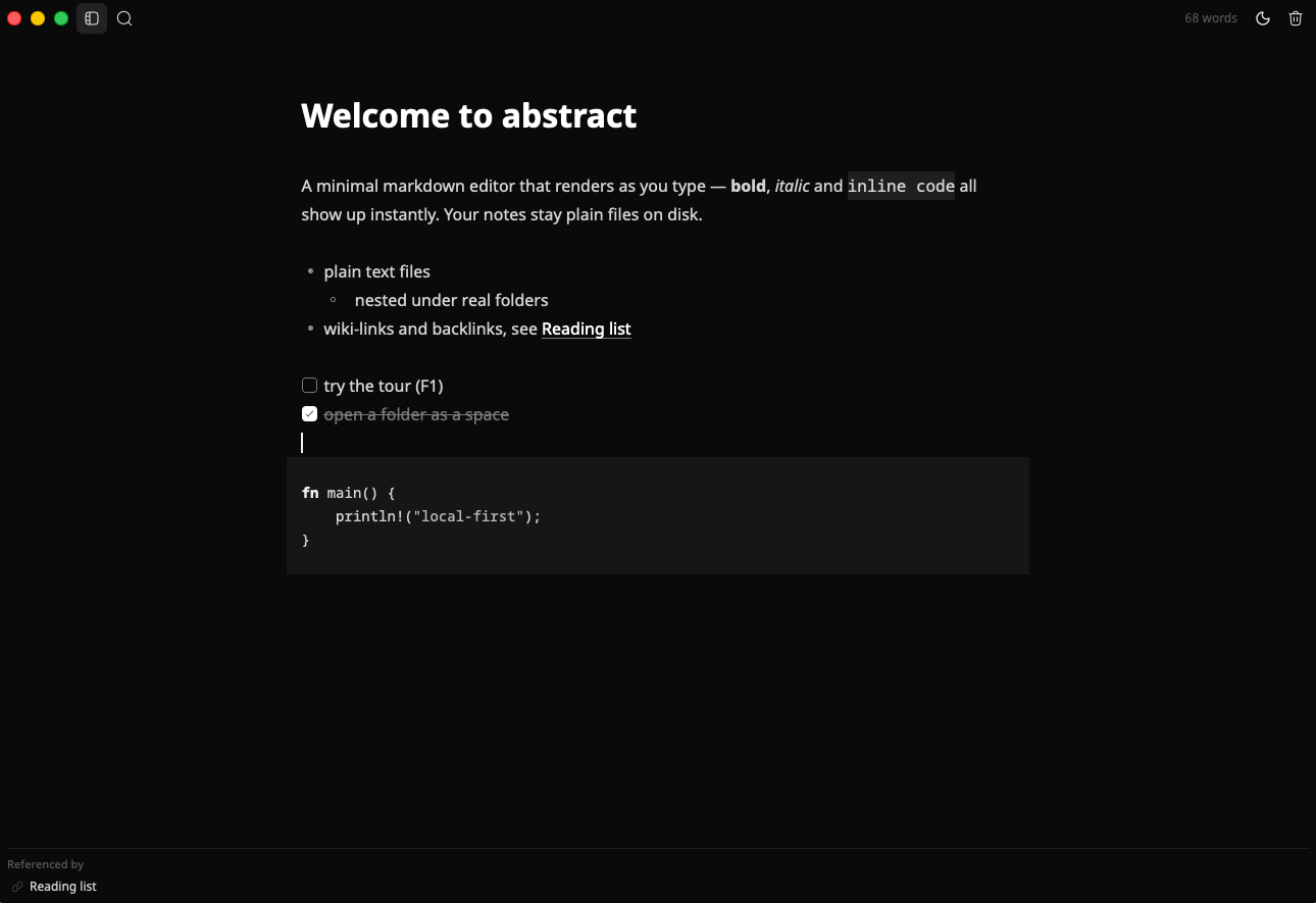 focus mode with the sidebar hidden, dark theme