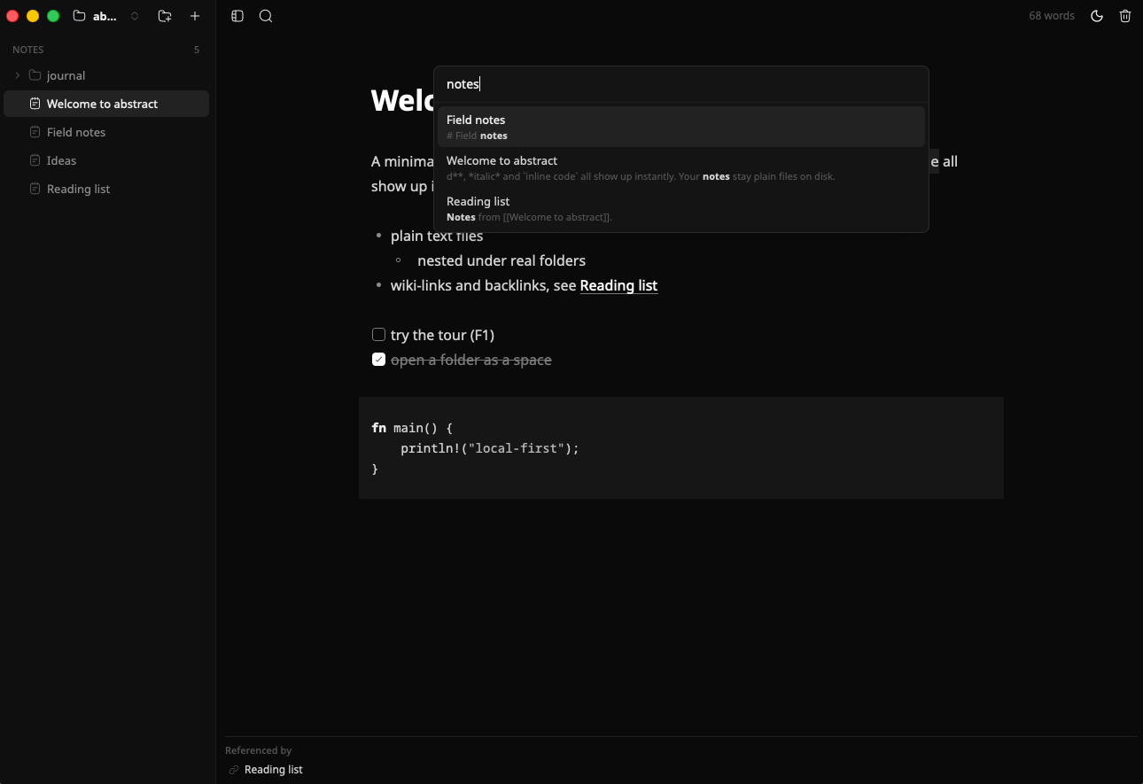 the search palette listing notes by title and body, dark theme