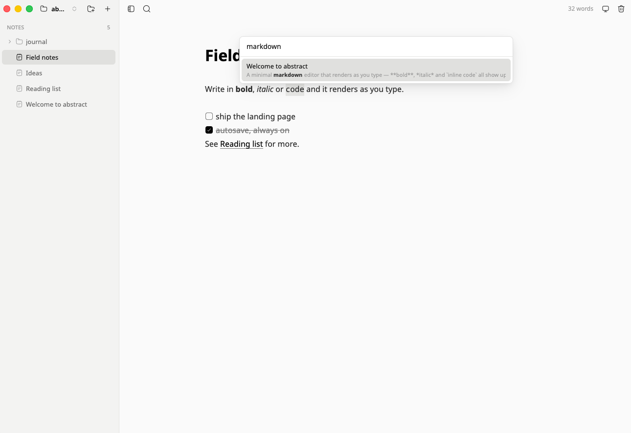 the search palette listing notes by title and body